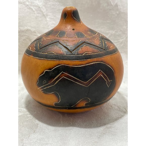 Gourd Trinket Box Bowl Bear Wood Burned Design Trees Nature 3.5”x3.5” - Picture 1 of 7
